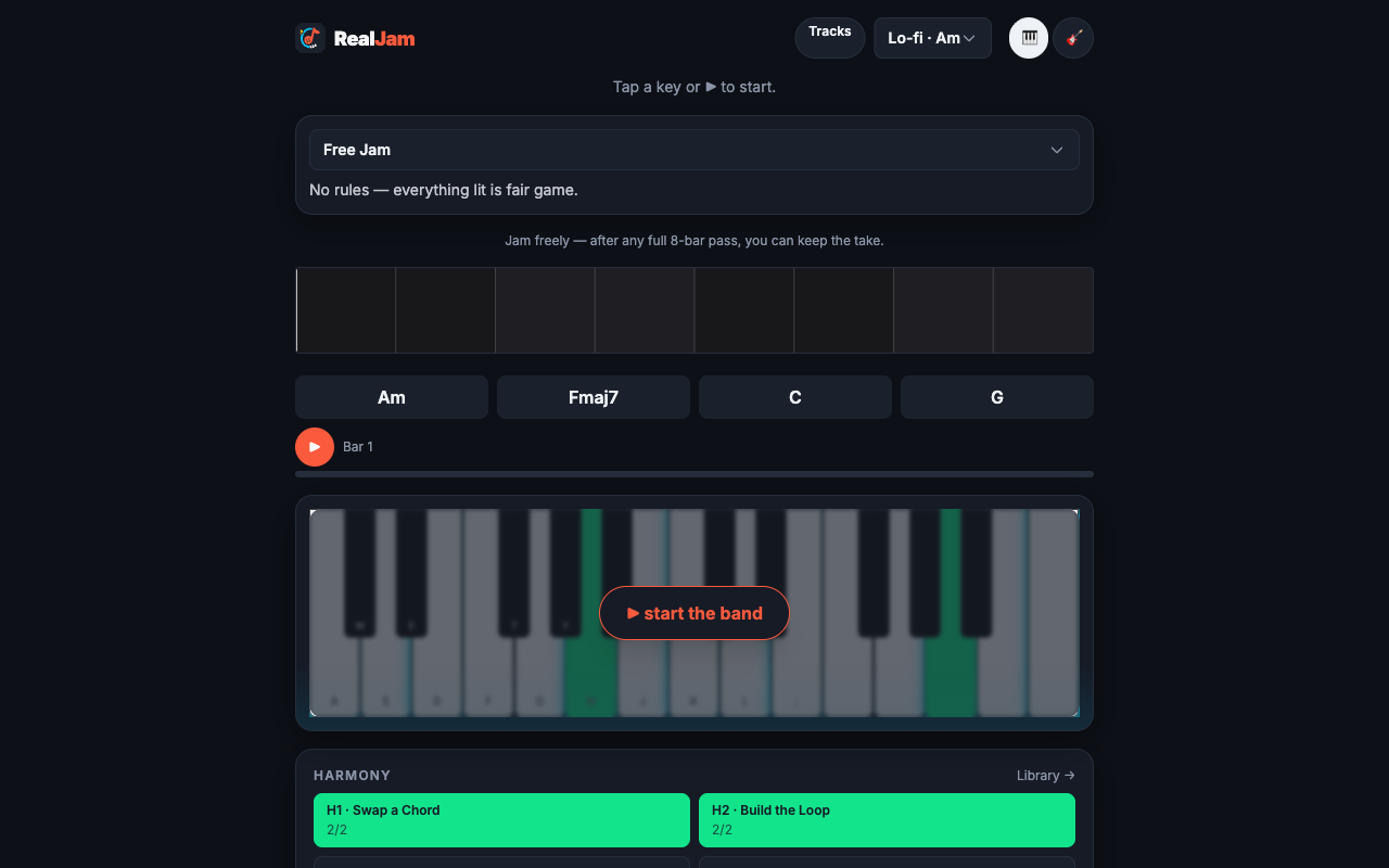 RealJam jam screen — keyboard with lit notes and chord changes